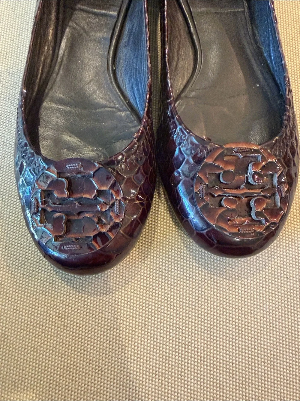 Tory Burch Chocolate Brown Snakeskin embossed Logo Ballet Flats